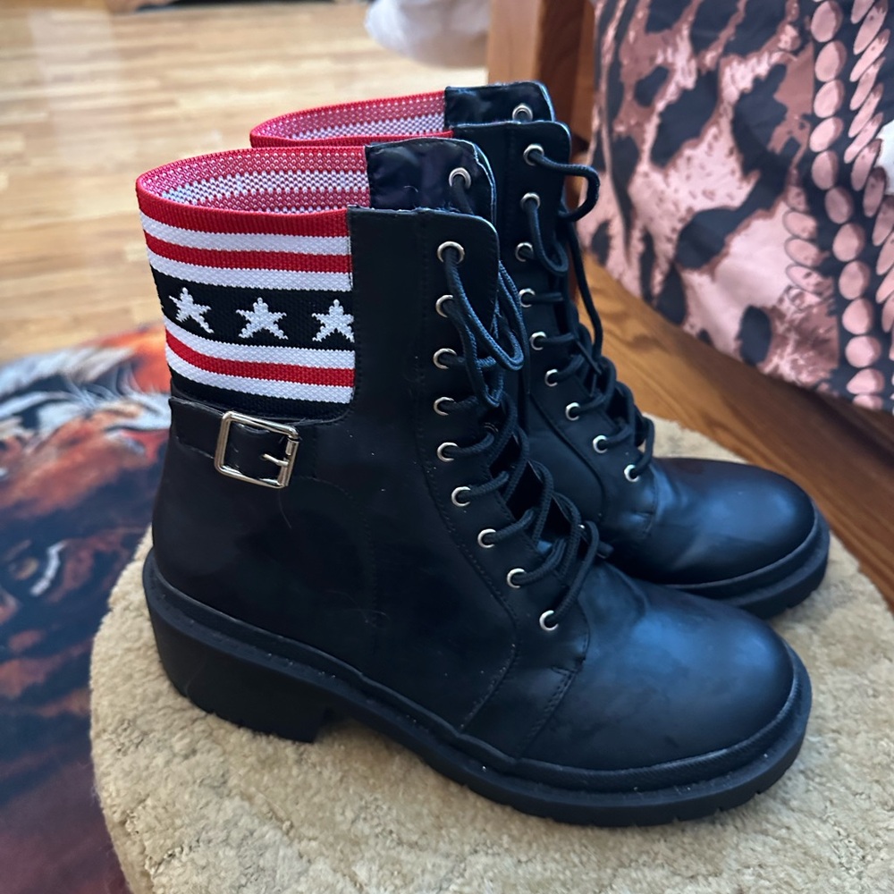 Cape Robbin Black Combat Boots with Red and White Stripes
